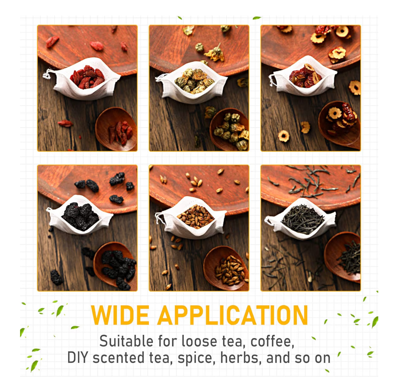 100 Disposable Tea Bags for Loose Leaf Tea infusion with drawstring