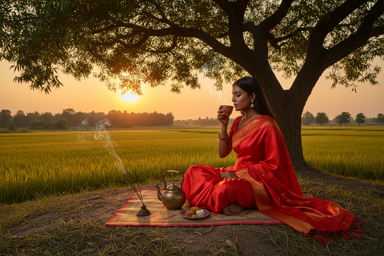 display a beautiful dark complexion Indian woman  in a red saree holding a cup of steaming tea, seated under a neem tree with a tea pot in front of her the scene should be overlooking a rice field with golden grains of rice ready for harvest with a golden sunset in the distance beyond the tree lines, and include a incense stick is burning