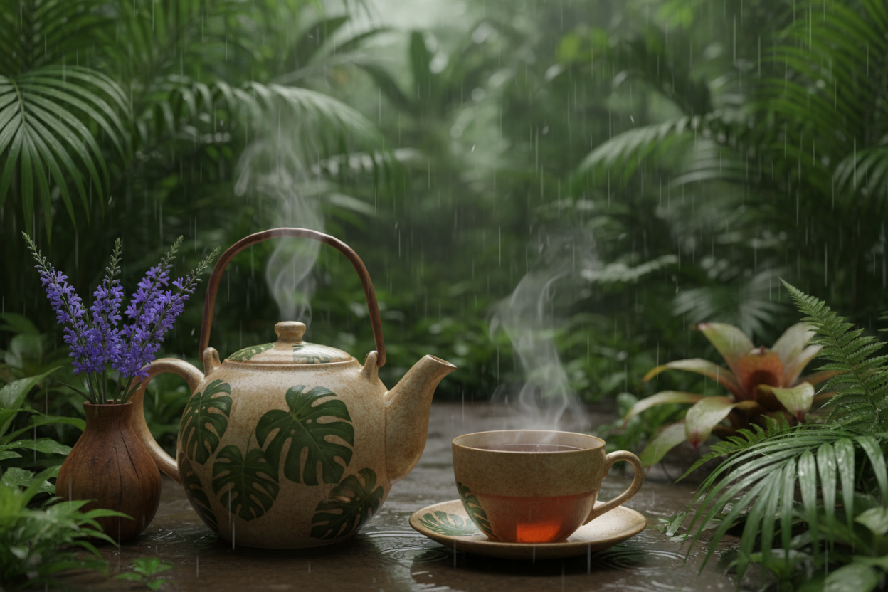 pot of seeping tea, with blue vervain plant visible as a small bouquet of flowers, and 1 cup with steaming tea to the side, tropical background with rain