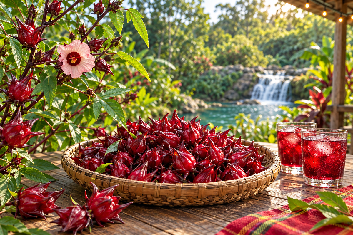 Tray filled with freshly harvested deep red Jamaican sorrel calyces.