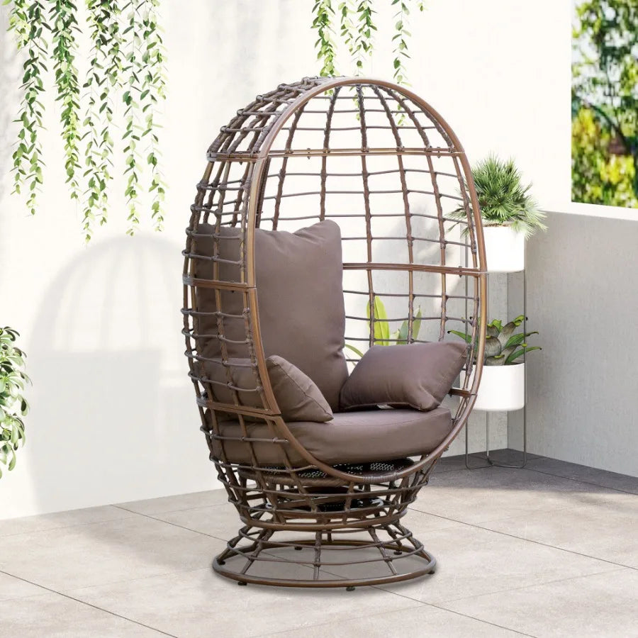 Wicker Egg Chair 360 Rotating Indoor Outdoor Boho Basket Seat with Cushion and Pillows for Backyard Porch Patio Garden Handwoven