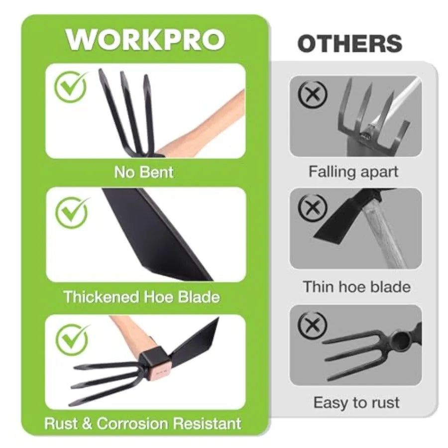 Hoe and Cultivator Garden Rake with 14 Wooden Handle Sharp Hoe Blade Sturdy 3 Claw Tiller 2in1 Heavy Duty Gardening Hand Tools