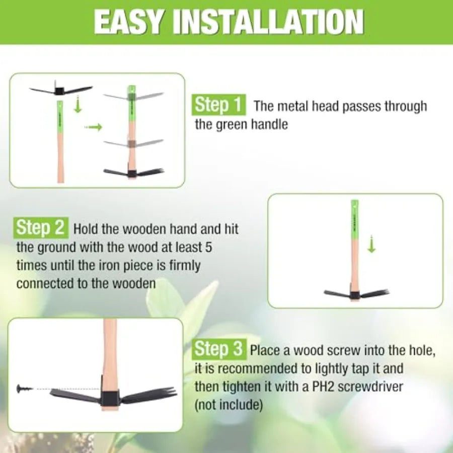Hoe and Cultivator Garden Rake with 14 Wooden Handle Sharp Hoe Blade Sturdy 3 Claw Tiller 2in1 Heavy Duty Gardening Hand Tools