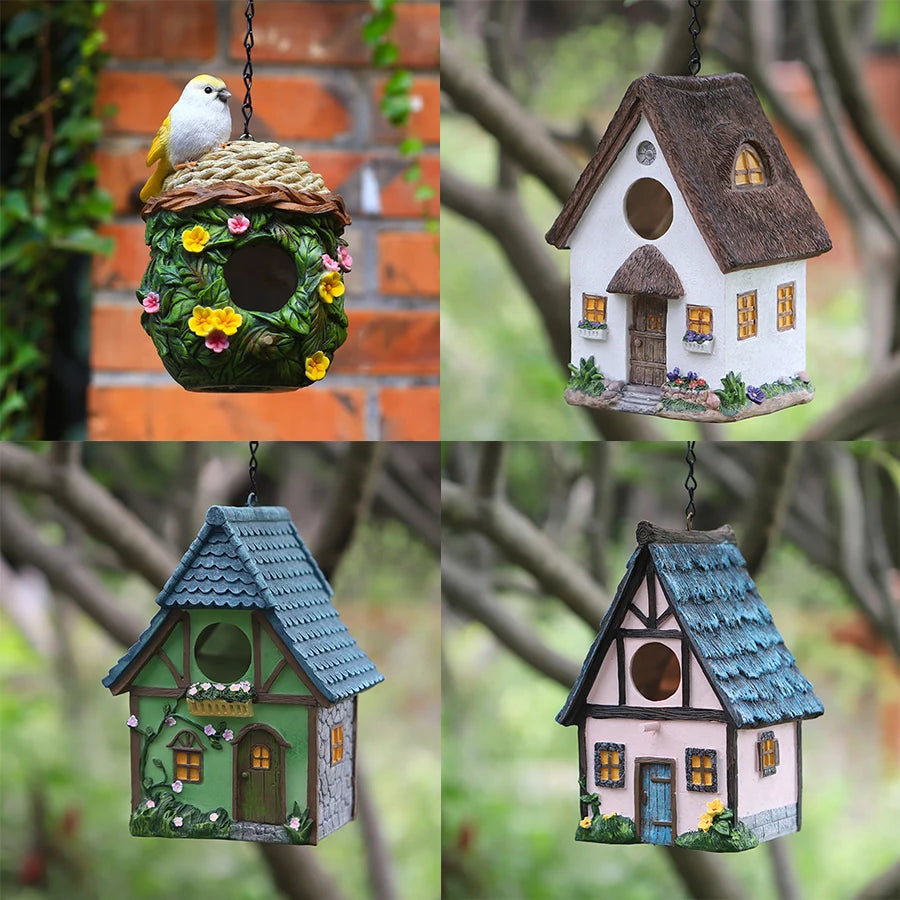 Resin Birdhouse for Outdoors - Hanging Garden Decoration Cabin, Perfect Gift for Bird Lovers & Small Birds