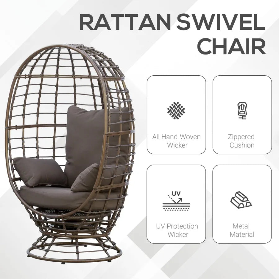 Wicker Egg Chair 360 Rotating Indoor Outdoor Boho Basket Seat with Cushion and Pillows for Backyard Porch Patio Garden Handwoven