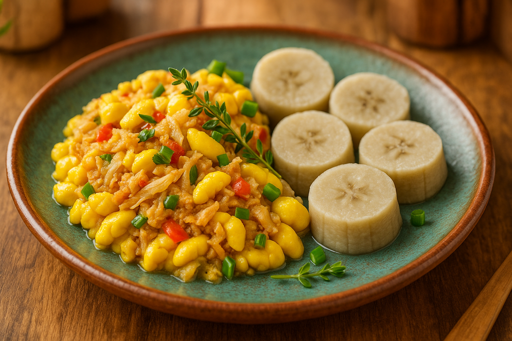 ackee and saltfish jamaican dish with green bananas