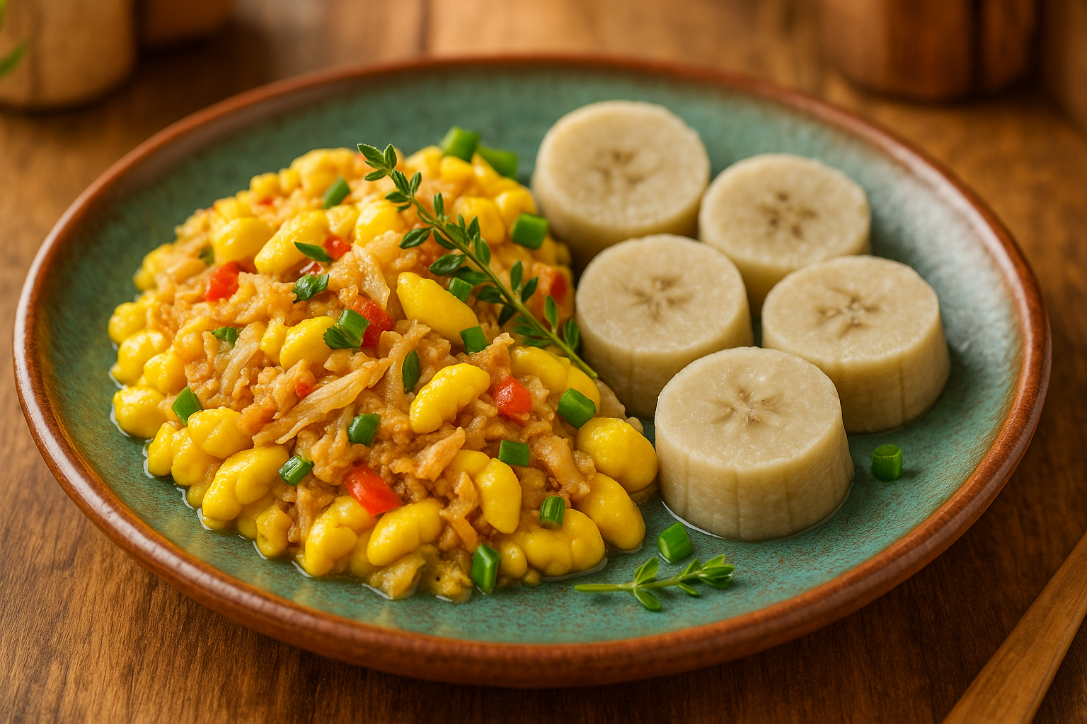 ackee and saltfish jamaican dish with green bananas
