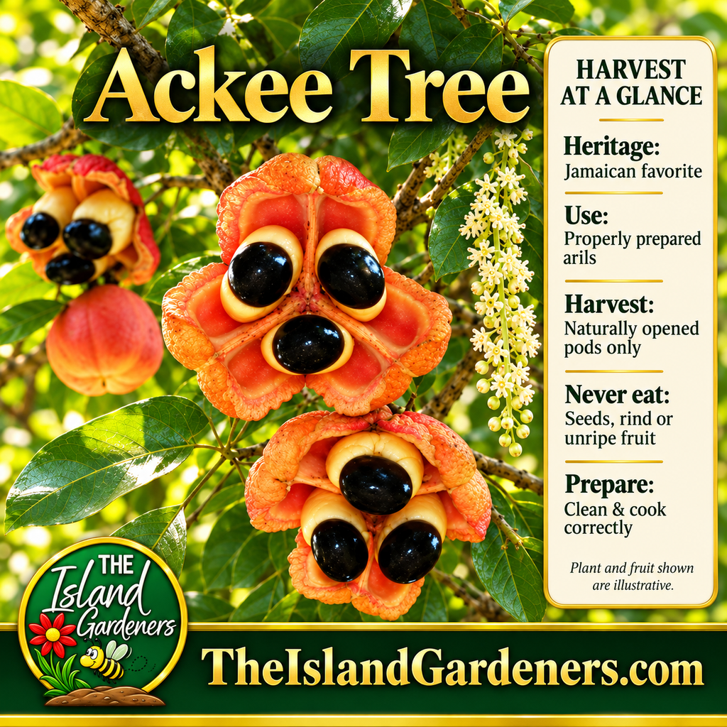 Open ackee fruit with glossy black seeds and cream-colored arils, surrounded by green leaves and pale ackee blossoms. 
