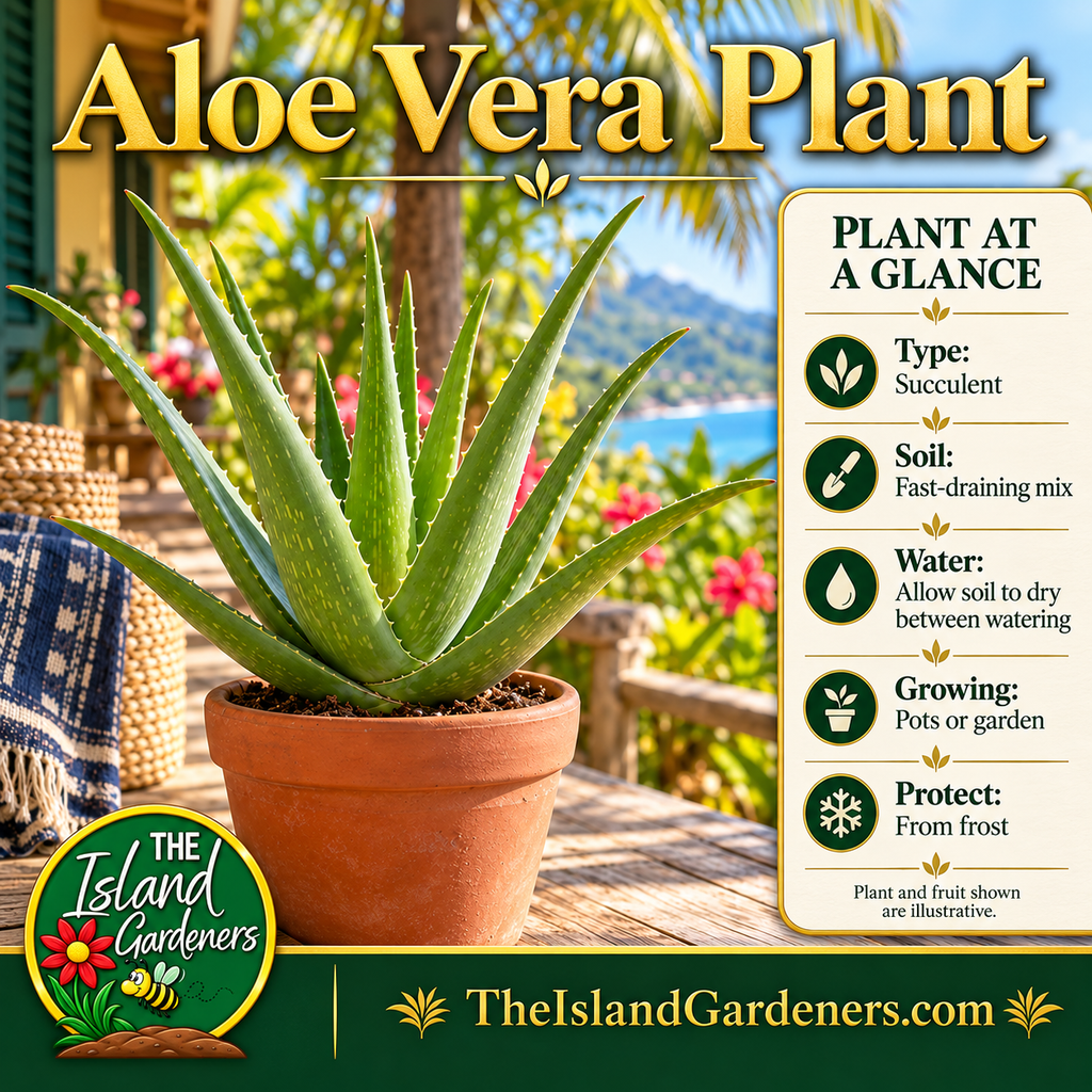 Aloe vera plant in a terracotta pot on a rustic table beside a woven basket on a tropical veranda. 