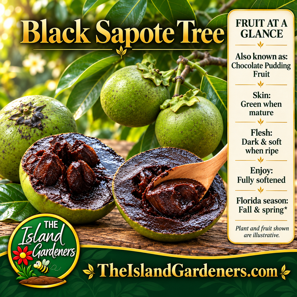 Green black sapote fruits with an opened fruit showing dark ripe pulp and a wooden spoon in a tropical garden. 