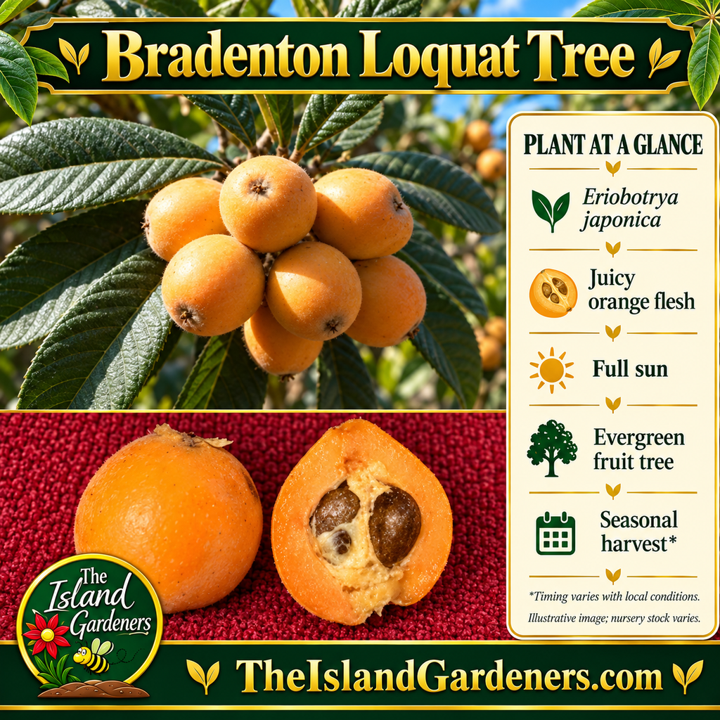 Illustrated golden-orange Bradenton loquats on a leafy branch, a tree in the background, cut fruit with orange-yellow flesh, and The Island Gardeners branding. 