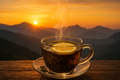 cerasee tea will lemon slice and steam above the cup overlooking the sunrise in the bluemountains