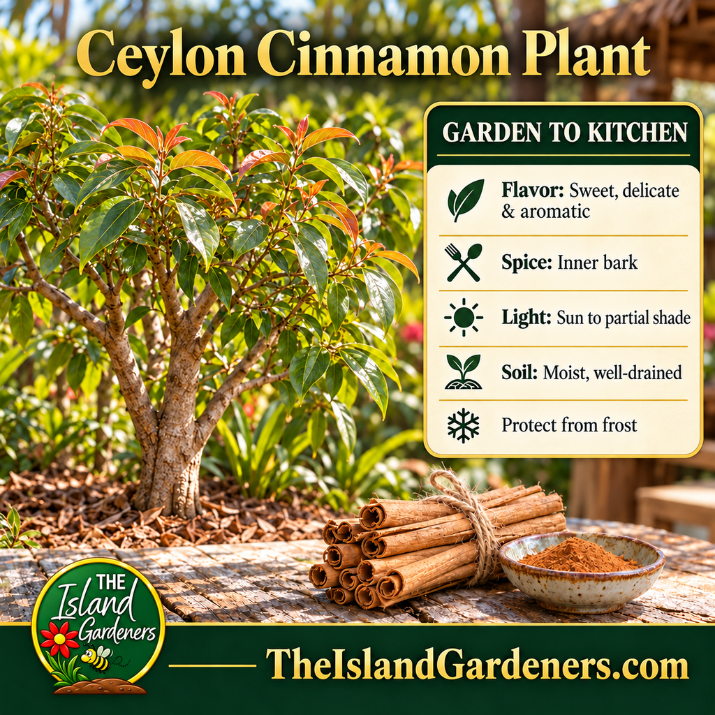 Potted Ceylon cinnamon plant with green and copper-colored leaves beside cinnamon quills and ground cinnamon in a rustic garden setting. 