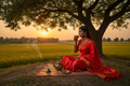 display a beautiful dark complexion Indian woman  in a red saree holding a cup of steaming tea, seated under a neem tree with a tea pot in front of her the scene should be overlooking a rice field with golden grains of rice ready for harvest with a golden sunset in the distance beyond the tree lines, and include a incense stick is burning