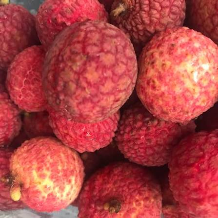 Close-up of harvested pink-red lychee fruit with textured shells and natural golden mottling