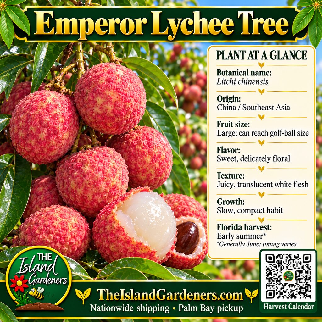 Emperor Lychee Tree graphic with red fruit, peeled white flesh, plant facts, Island Gardeners branding and Harvest Calendar QR