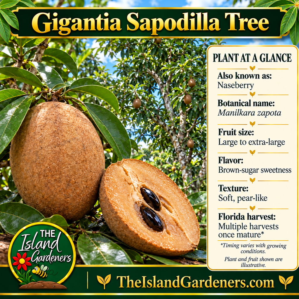 Gigantia sapodilla graphic showing brown fruit, cut fruit with tan flesh, plant information, and The Island Gardeners logo.