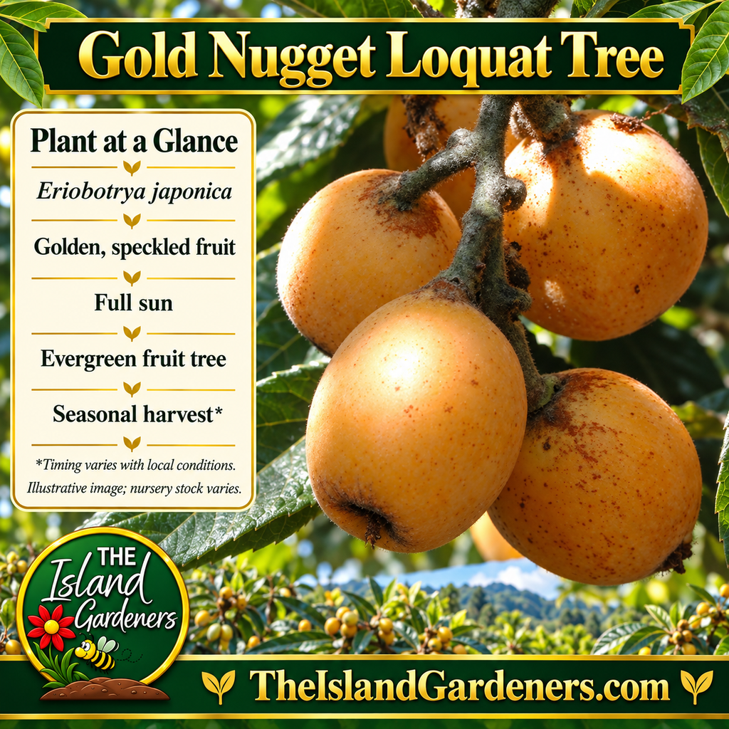 Illustrated golden-orange Gold Nugget loquats on a leafy branch, a tree in the background, cut fruit with orange flesh, and The Island Gardeners branding.