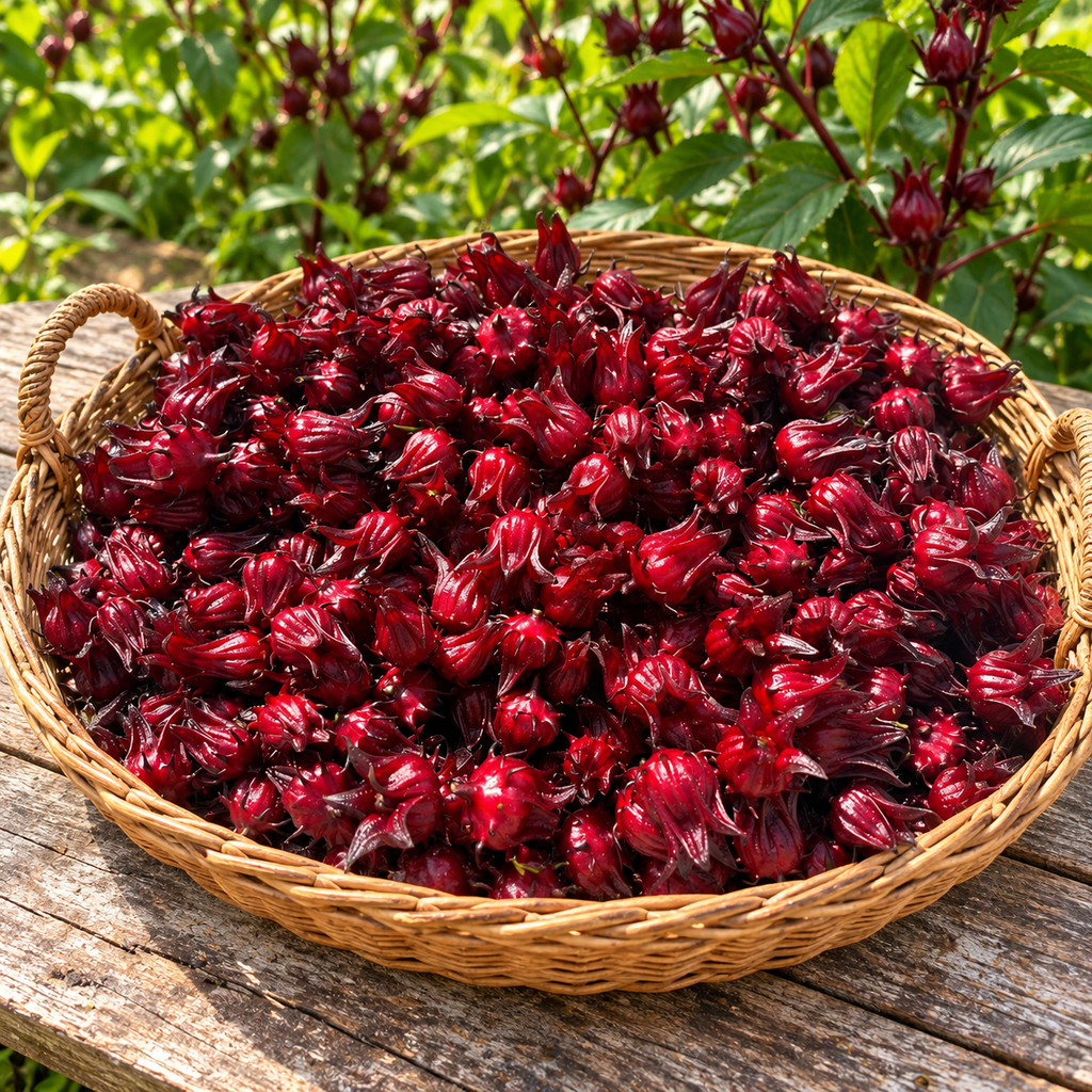 Tray filled with freshly harvested deep red sorrel calyces. 