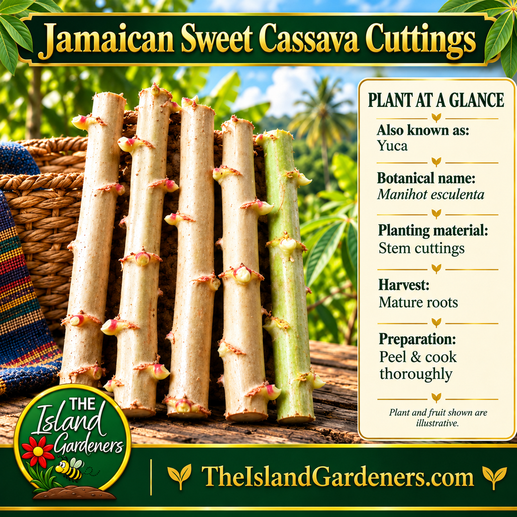Jamaican sweet cassava stem cuttings with visible buds beside a woven basket on a rustic wooden table. 