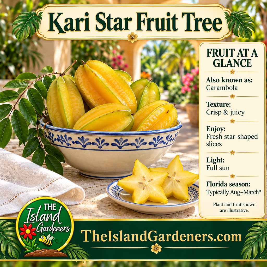 Golden carambola in a blue-and-cream ceramic bowl beside star-shaped slices on a garden courtyard table.