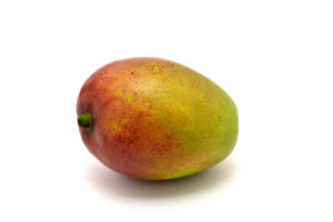 Rounded Little Gem mango with green-yellow skin and red blush against a white background