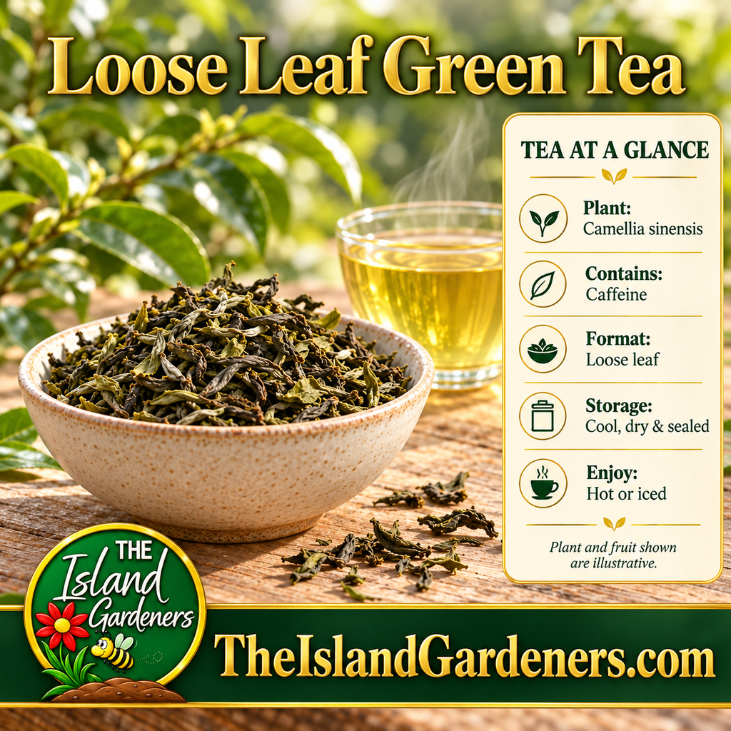 Loose green tea leaves in a ceramic bowl beside a glass cup of brewed tea 