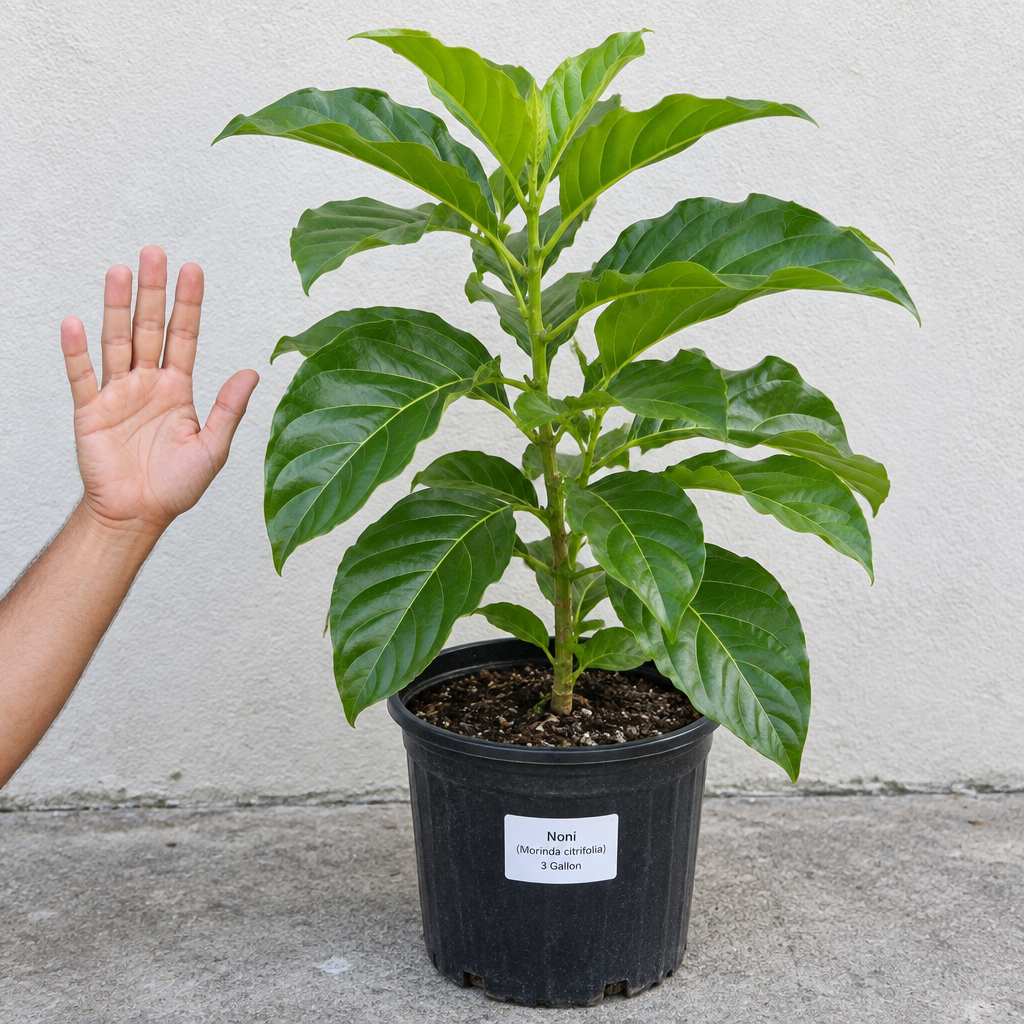 Noni plant in 3-gallon nursery pot shown with hand for scale