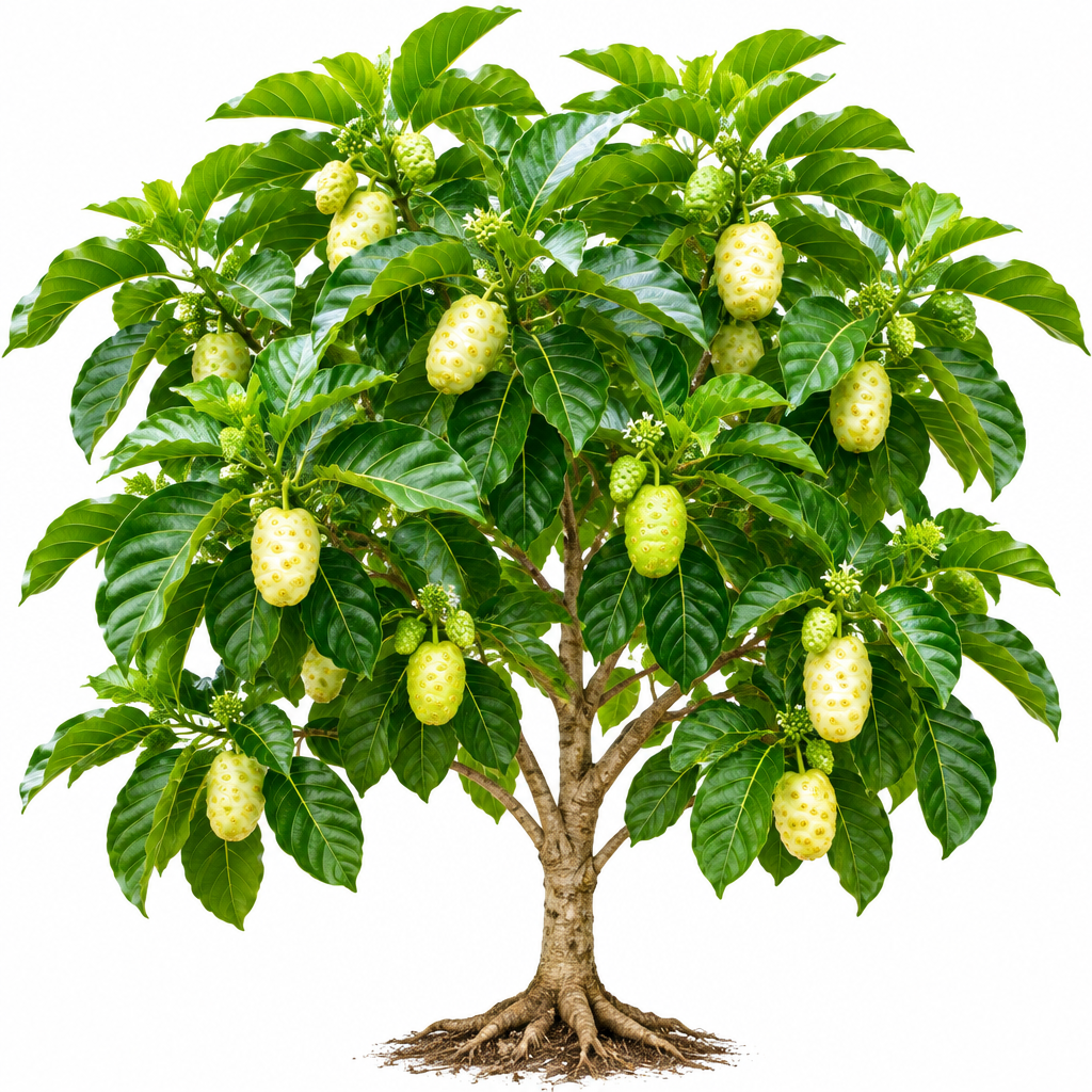 Noni fruit tree (Morinda citrifolia) full plant with ripe fruits