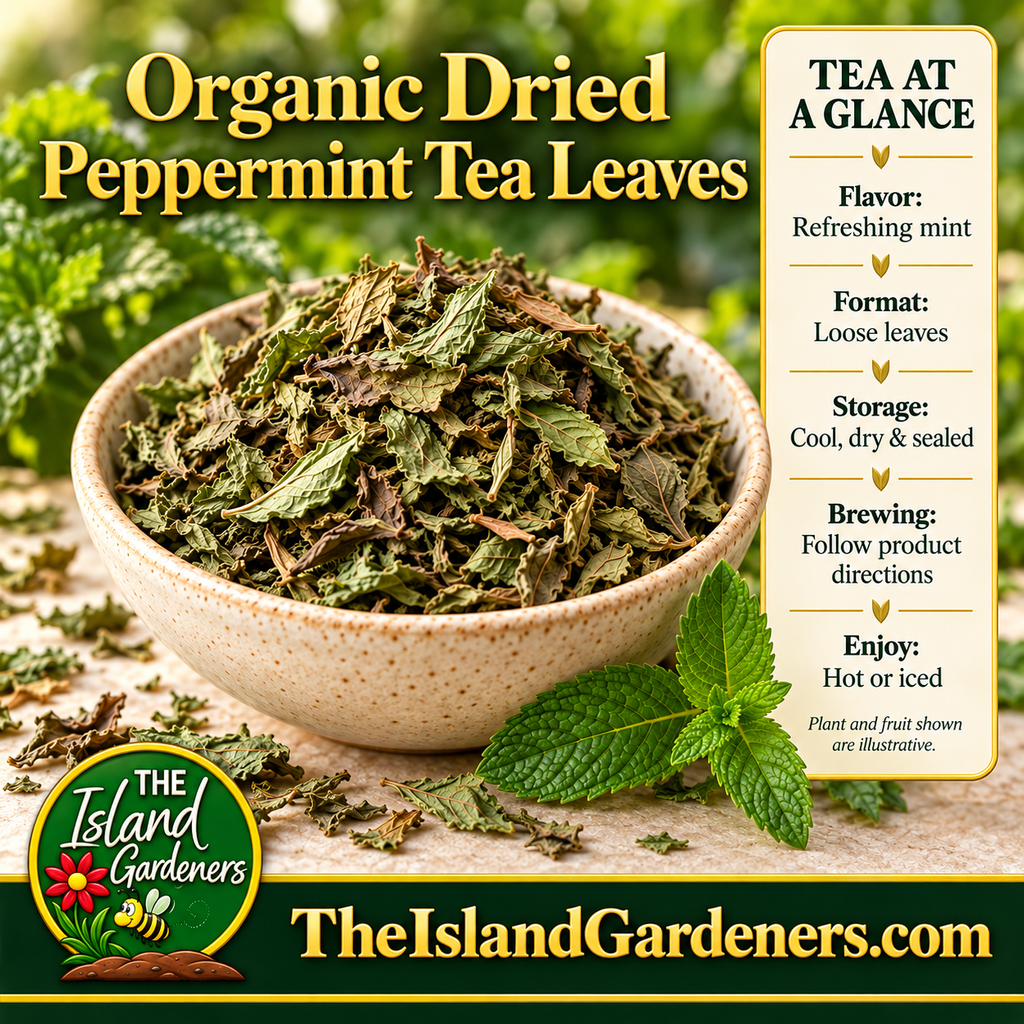 Dried peppermint leaves in a ceramic bowl with a fresh mint sprig, labeled Organic Dried Peppermint Tea Leaves. 