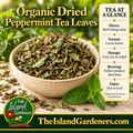 Dried peppermint leaves in a ceramic bowl with a fresh mint sprig, labeled Organic Dried Peppermint Tea Leaves. 