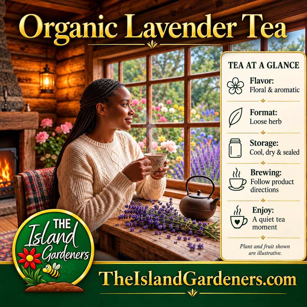 Woman holding a steaming cup of tea beside a rustic table with a teapot and lavender, overlooking a flowering garden. 