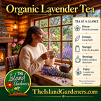 Woman holding a steaming cup of tea beside a rustic table with a teapot and lavender, overlooking a flowering garden. 