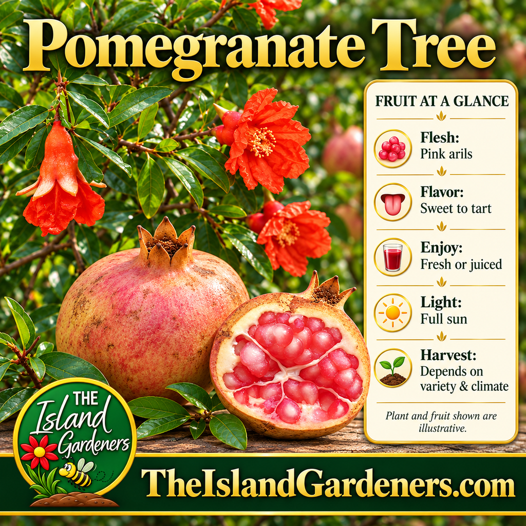 Whole pomegranate and a cut fruit showing red arils on a wooden table, with green foliage and orange-red flowers behind. 