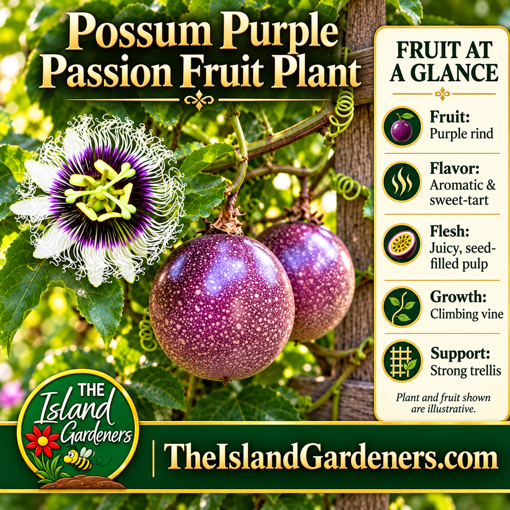Speckled purple passion fruit and a white-and-purple passion flower growing on a leafy vine beside a wooden trellis. 