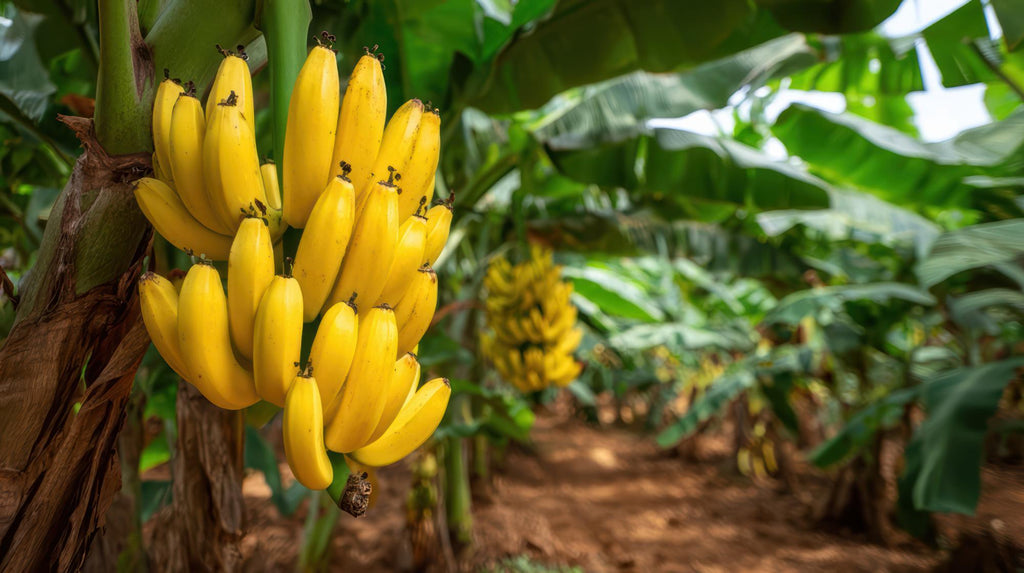 A ripe yellow banana bunch hanging from a banana tree in a lush banana plantation with green leaves and a dirt path in the background.