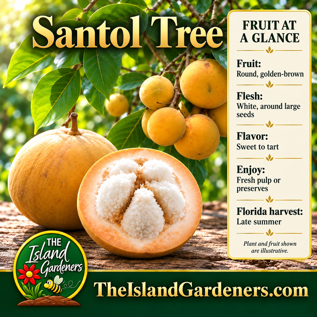 Golden Santol fruits on a leafy branch beside a cut fruit showing thick rind and white pulp on a wooden table.
