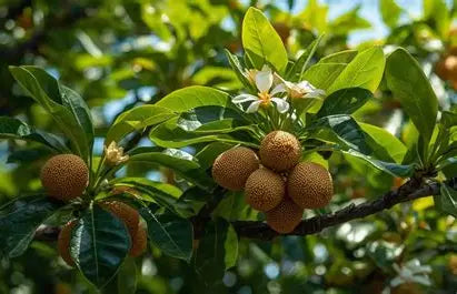 Brown sapodilla fruits growing among glossy green leaves on a tree.