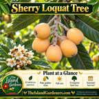 Illustrated yellow Sherry loquats on a leafy branch, a tree in the background, cut fruit with pale flesh, and The Island Gardeners branding. 