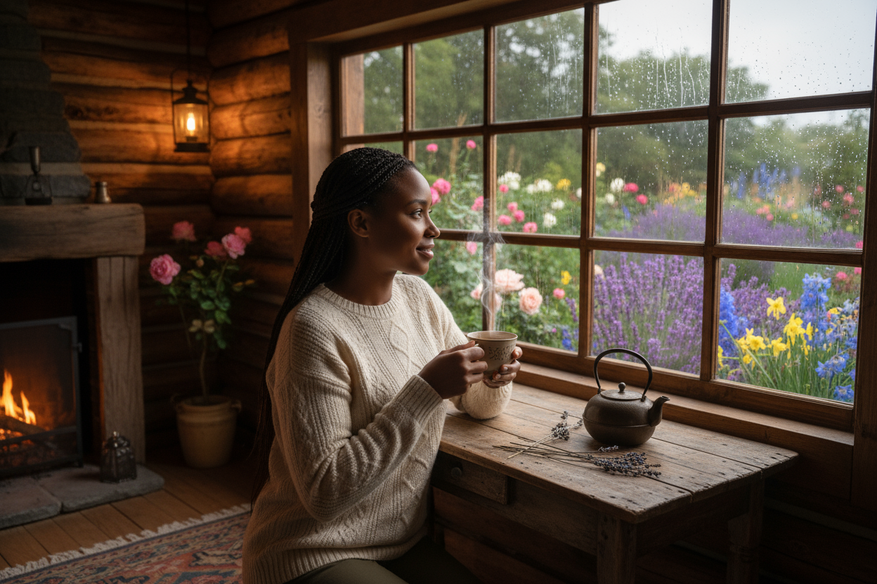 show a beautiful woman (of African decent) holding a cup of tea with steam coming off the cup, as a small tea pot is on a rustic table in a cute hut, she is looking out at a garden as it rains and in the garden are a number of beautiful flowers but mostly lavender