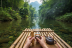 show a cup of tea with steam coming off, being held in hands, as one hand hold the stem of the cup and the other cuddles the bottom, and a pot seeping, as the seen shows them on a bamboo raft moving along a Crystal clear river