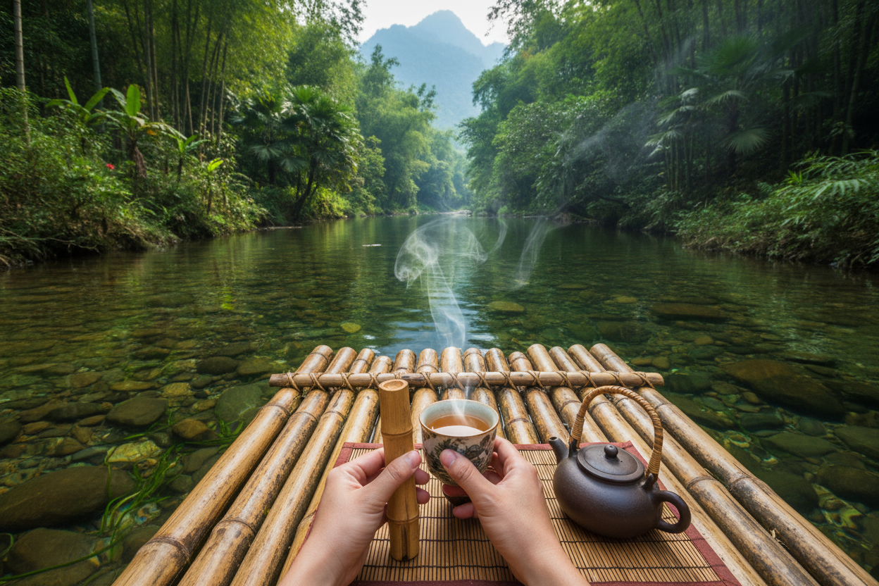 show a cup of tea with steam coming off, being held in hands, as one hand hold the stem of the cup and the other cuddles the bottom, and a pot seeping, as the seen shows them on a bamboo raft moving along a Crystal clear river