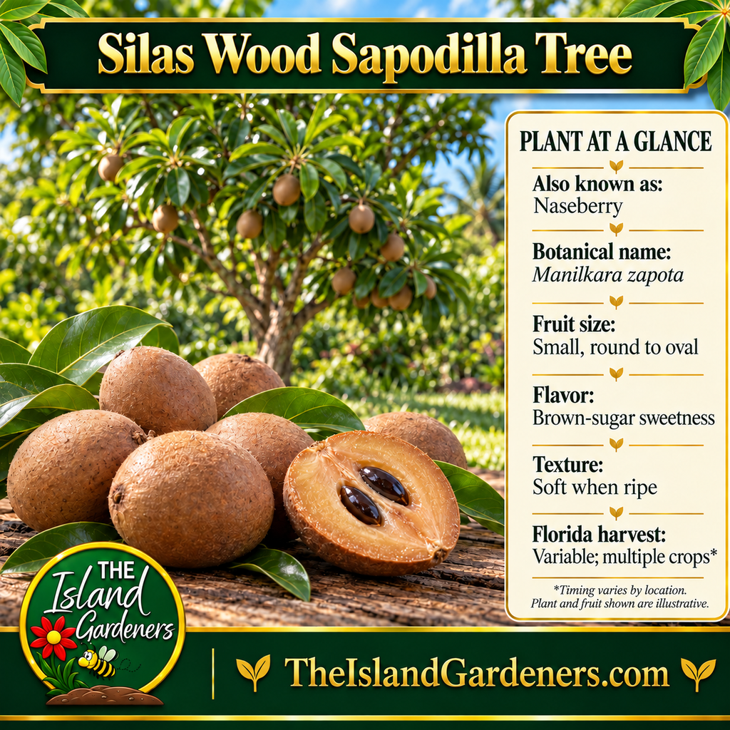 Silas Wood sapodilla product graphic with whole brown fruit, a cut fruit showing tan flesh and dark seeds, and The Island Gardeners logo.