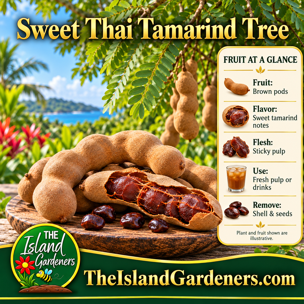 Brown sweet tamarind pods and an opened pod showing dark pulp on a wooden platter, with green tamarind foliage behind. 