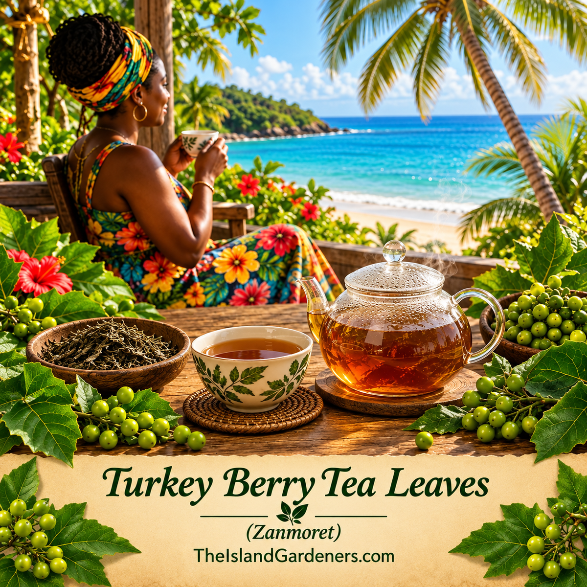 Turkey berry tea leaves beside a glass teapot and cup, with a woman overlooking a Caribbean beach.