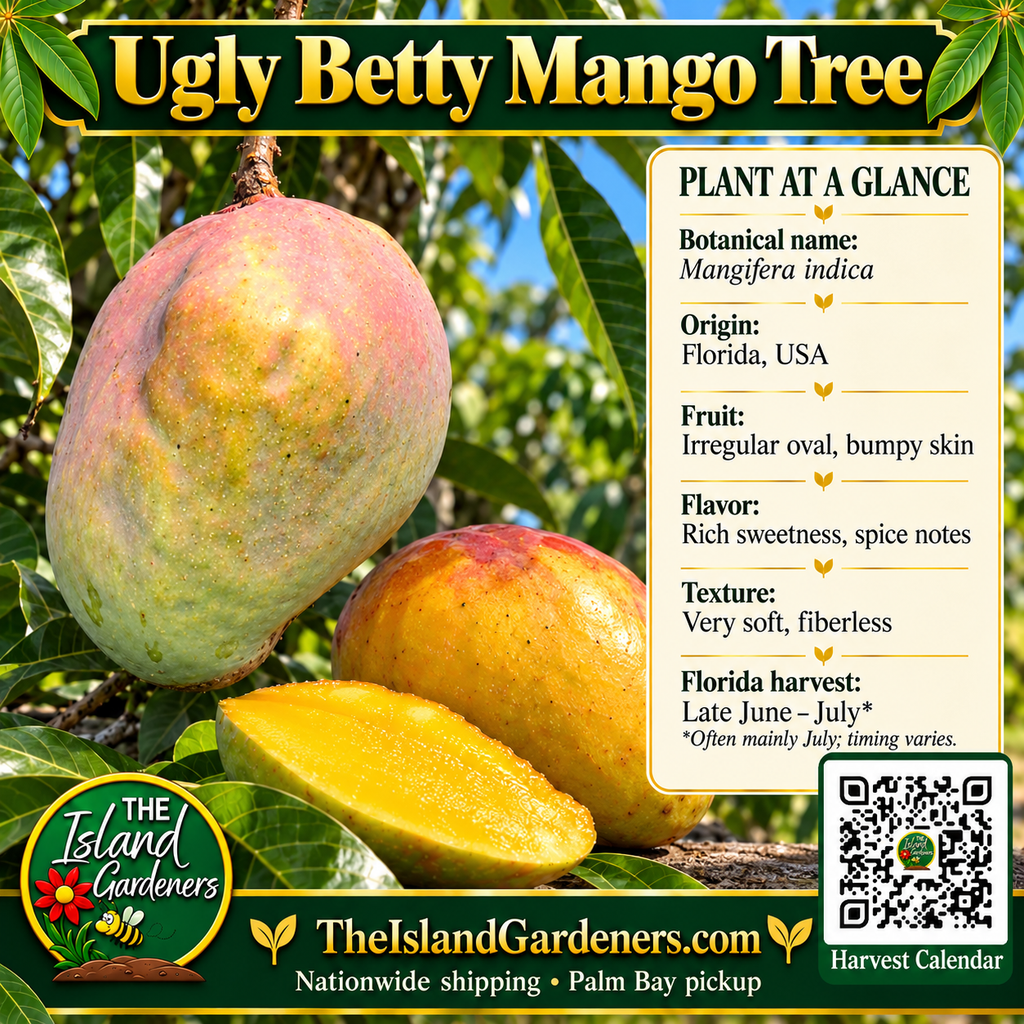 Ugly Betty Mango Tree graphic with irregular mottled fruit, plant facts, Island Gardeners branding and Harvest Calendar QR