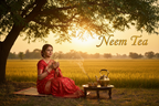 (use image generate before) display a beautiful dark complexion Indian woman  in a red saree holding a cup of steaming tea, seated under a neem tree with a tea pot in front of her the scene should be overlooking a rice field with golden grains of rice ready for harvest with a golden sunset in the distance beyond the tree lines, and include a incense stick is burning, add golden text with words "Neem Tea"