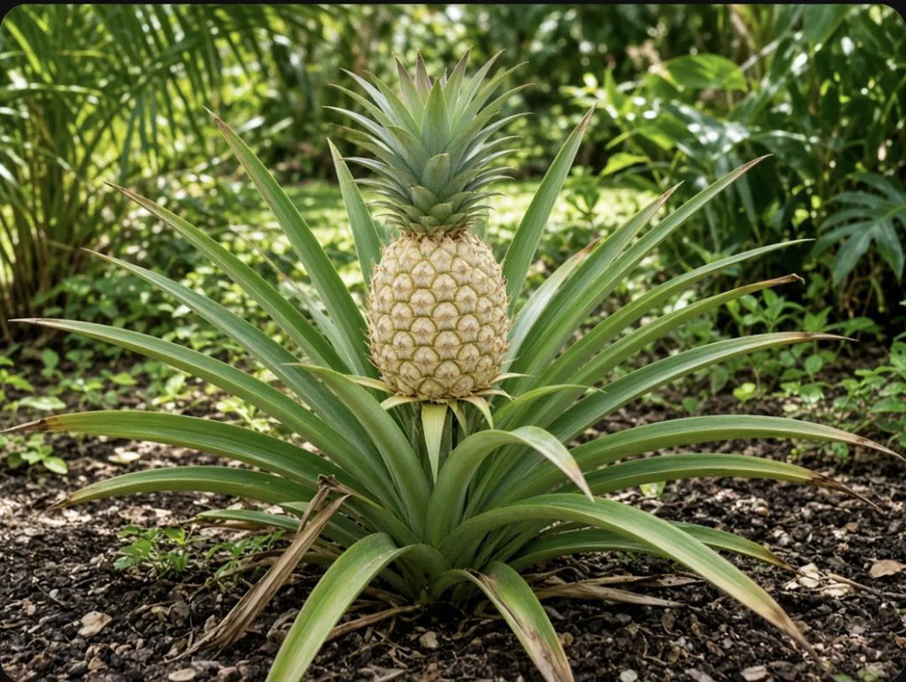 Pineapple fruit growing on a central stalk among long gray-green leaves.