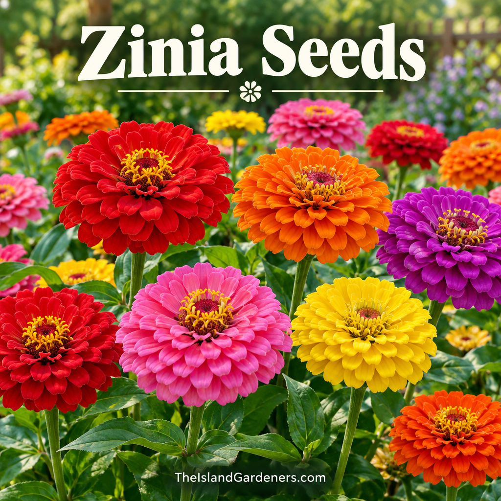 A vibrant garden of colorful zinnia flowers in full bloom, featuring red, orange, pink, yellow, and purple blooms with green foliage. The text 'Zinia Seeds' is displayed at the top, and 'TheIslandGardeners.